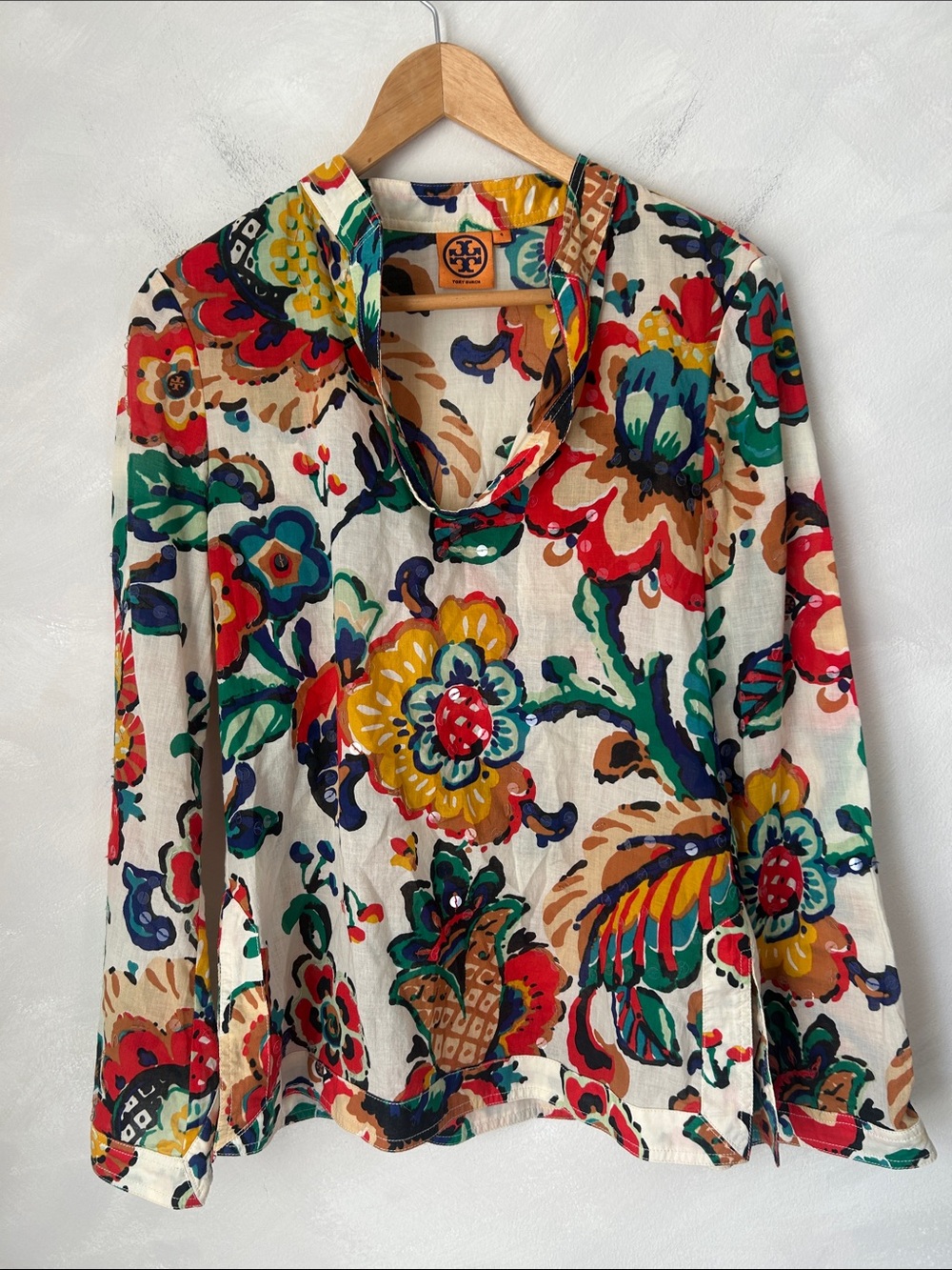 Tory Burch size 4 Floral Sequins Cotton Blouse Tunic Boho flowy resortwear